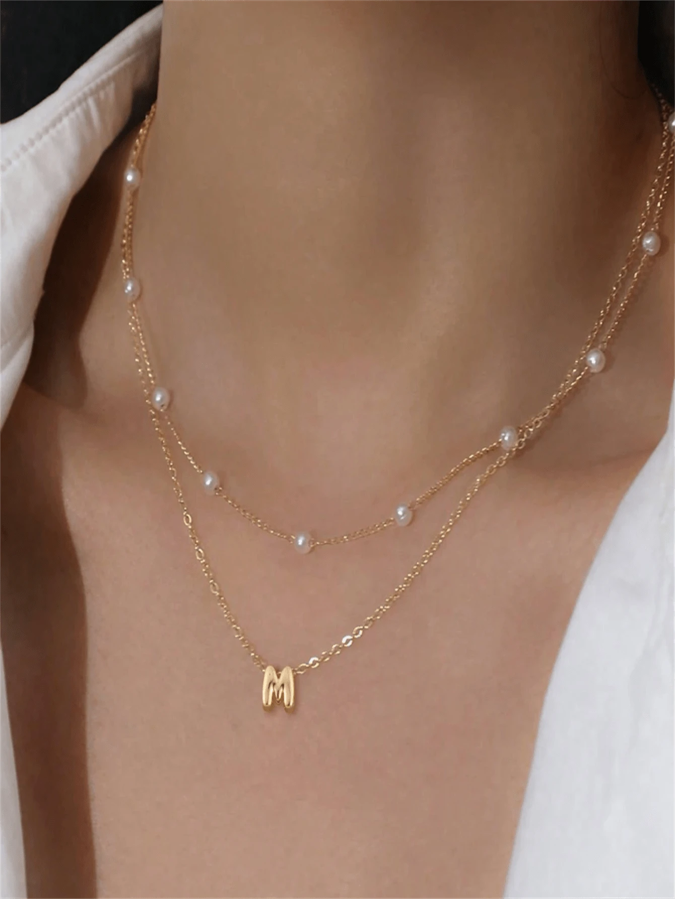 2Pcs/Set Simple Stainless Steel Initial Necklace Herringbone Choker Lip Chain Layered Chain Necklaces For Women - Yellow Gold - View 1