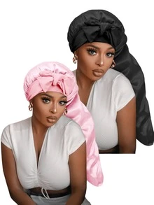 Set de 2 gorros de dormir de satén rosa/negro con cordón, adecuados para cabello largo, trenzas, moños desordenados, cabello rizado, gorro de dormir de satén, gorro de dormir con lazo de satén, para verano, playa, sombrero - Multicolor - Ver 1