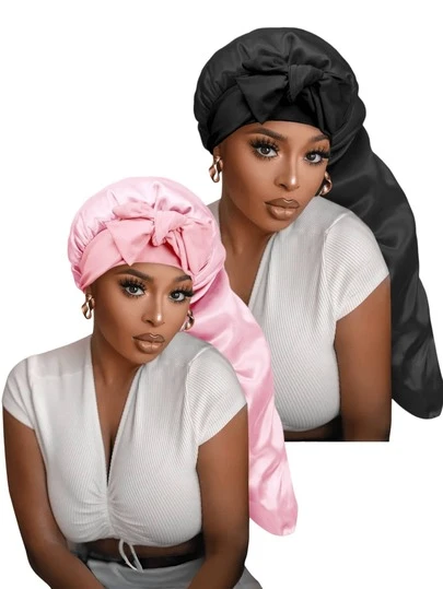 Set de 2 gorros de dormir de satén rosa/negro con cordón, adecuados para cabello largo, trenzas, moños desordenados, cabello rizado, gorro de dormir de satén, gorro de dormir con lazo de satén