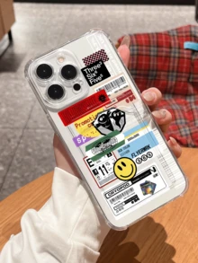 Retro American Graffiti Sticker Card Slot Shockproof Phone Case Compatible With Apple 17/16/14 Pro Max, High-Quality New Design Compatible With Iphone 13, Fashionable Protection Case Compatible With Iphone 12/12 Pro, Minimalist Style Compatible With Iphone 11, Suitable Compatible With Iphone 15 Pro Max - Clear - View 5