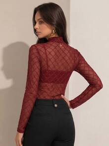 Women's Long Sleeve Circular Turtleneck Blouse With Sheer Tulle "Foreign" Style - Sizes S M L - 紅色 - 查看 2