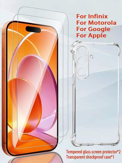 【2 片高清钢化玻璃屏幕保护膜 + 1 个防摔手机壳】，适用于苹果兼容手机，兼容 Apple 17、17 Pro、17 Pro Max、Transsion HOT 50i、Note 40X 5G、Moto G82、Edge 30 Neo 以及 9、9 Pro、9 Pro XL。采用 9H 钢化玻璃技术，有效防摔