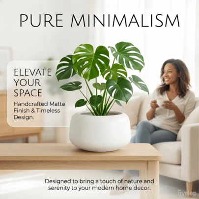 Maceta de cerámica blanca mate minimalista para plantas de interior - Maceta para suculentas, pothos y bonsái con diseño nórdico moderno