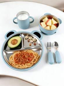5 PIEZAS Juego de alimentación personalizado para bebé - Plato de acero inoxidable con 3 secciones y funda de silicona grabado, taza a juego, tazón y utensilios con mango de silicona - Multicolor - Ver 4