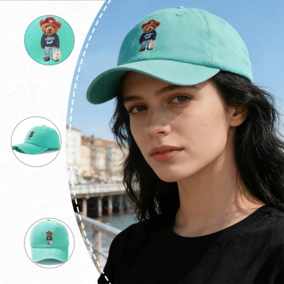 1顶女士休闲棒球帽，可爱泰迪熊印花，柔软水洗面料，可调节后扣，经久耐用，舒适百搭，是温暖天气下街头时尚的百搭配饰