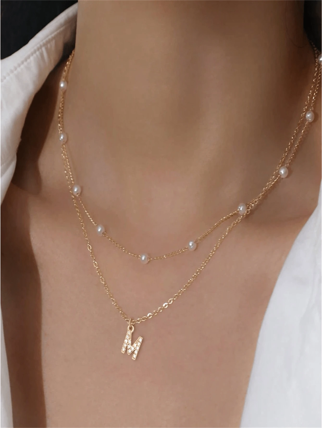 2Pcs/Set Simple Stainless Steel Initial Necklace Herringbone Choker Lip Chain Layered Chain Necklaces For Women - Multicolor - View 1