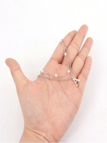 Set de 2 collares de cadena de acero inoxidable con inicial simple, cadena de espiga y cadena de labios superpuesta para mujeres - Plateado - Ver 3