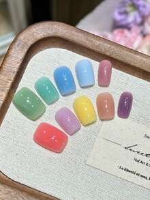 10pcs Handmade Short Square Nail Stickers, Colors Include Pink, Green, Blue, Purple And Yellow, Suitable For Women And Girls, Applicable For Spring, Summer, Autumn, Winter, Holidays And Daily Life Nails Handmade Press On Nails - Multicolor - View 2