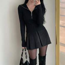 Women's Winter Casual Ribbed Knit Sweater, Half-Zip High Neck, Slim Fit, Long Sleeve, Black Elegant Versatile Everyday Pullover Top - Black - View 4