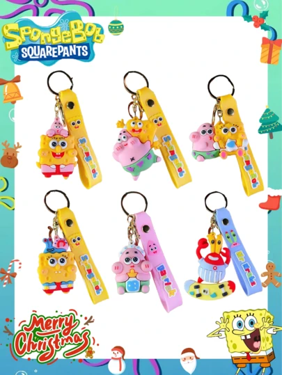 SpongeBob SquarePants 1个卡通钥匙扣吊坠，可爱包包挂饰，毛绒娃娃造型，创意钥匙链小礼物，最佳派对装饰，送给朋友的完美派对礼物，家居装饰