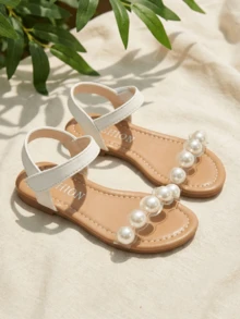 EUR 26-36 Sizes Toddler Kids Girls Gold Metallic Woven PU Leather Slide Sandals, Double Strap Design With Soft Padded Insole & Non-Slip Rubber Sole, Casual Summer Shoes For Beach Vacation, Daily Play, School & Family Outings - White - View 2