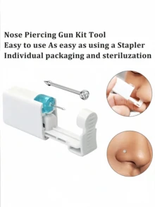 Bộ dụng cụ xỏ khuyên mũi màu bạc, 1 khẩu súng xỏ khuyên mũi dùng một lần, bộ dụng cụ xỏ khuyên mũi màu trắng, thích hợp cho xỏ khuyên tai, môi, mũi và rốn. - Một kích cỡ phù hợp cho tất cả - Xem 2