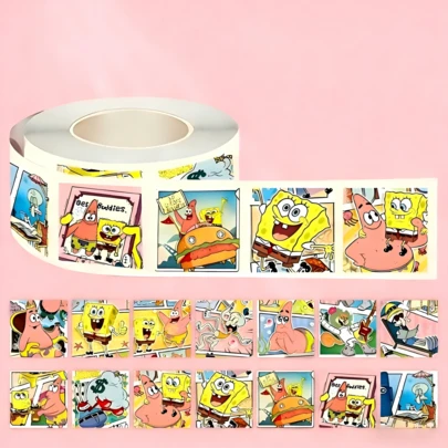SpongeBob SquarePants 500 piezas de pegatinas de Bob Esponja son perfectas para decorar tazas, computadoras, teléfonos móviles, termos, sellar y talla grande. Rollo de decoración de escritorio, regalos de fiesta, actividades de fiesta, regalos para amigos con diseños de pulpo, hermano, pastel, estrella grande y lindo