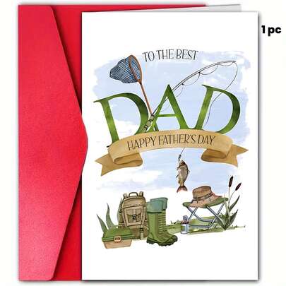 1pc Charming Father's Day Card With Envelope – Heartfelt "To The Best Dad" Design, Fishing Illustration, Perfect For Dad's Special Day, High-Quality Paper Greeting Card From Son And Daughter, Dad Appreciation Card | Fishing Motif Card | Detailed Artwork, Fathers Day Gift