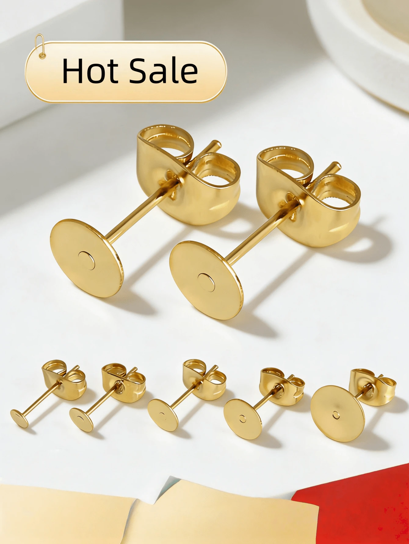 20pcs Gold Stainless Steel Flat Earring Studs Set, Stainless Steel Earring Backs, DIY Earrings, Hypoallergenic - Yellow Gold - View 1
