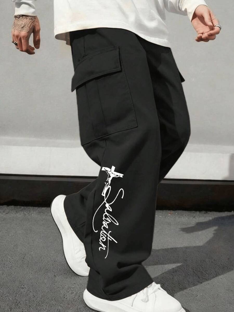 男士多口袋纯色工装裤，休闲宽松直筒裤，适合春夏、海滩、日常通勤、运动、户外活动、街头服饰穿着。 - 黑色 - 查看 1