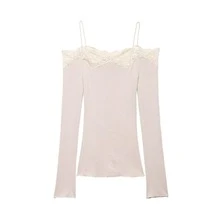 Camellia Summer New Women's Fashion Sexy Off-Shoulder Patchwork T-Shirt - Khaki - View 7