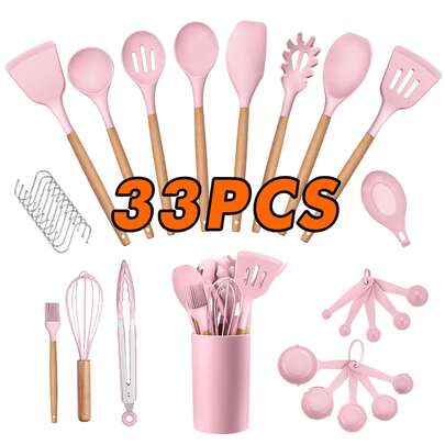 GAWFOLK 33-Piece Premium Silicone Kitchen Utensils Set With Natural Wooden Handles, Non-Stick Heat Resistant Cooking Tools With Storage Bucket, Ideal For Home Cooking, Baking & Camping, Perfect Gifts For Mother's Day, Father's Day & Housewarming