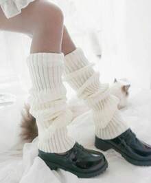 1 Pair Women Solid Color Knitted Leg Warmers, Warm & Elastic Vertical Striped Leg Socks, Cute Y2K Style, Suitable For Spring, Autumn, Winter, Daily Casual & Festival Wear - White - View 2