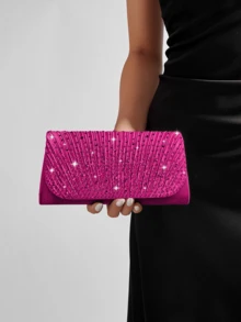 Glamorous Sparkling Rhinestone Decor Chain Bag, Magnetic Closure, Elegant Fashion Party Clutch, Suitable For Women's Birthday Party, Charming Evening Shoulder Bag - Hot Pink - View 2