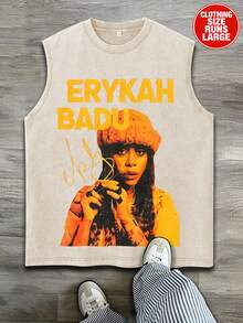 Sleeveless Printed T-Shirt, Y2K Style Street Fashion Men's Washed Vest (220g Pure Cotton), Vintage Pattern Fun Print, Hip-Hop Style, Men's Summer Round Neck Short-Sleeved Casual T-Shirt, Men's Summer Streetwear. - 杏色 - 查看 1