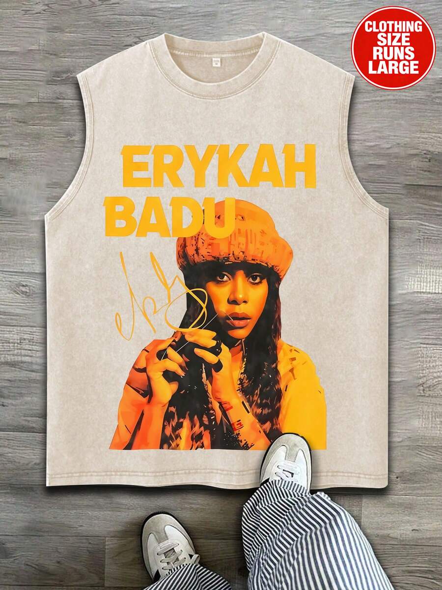 Sleeveless Printed T-Shirt, Y2K Style Street Fashion Men's Washed Vest (220g Pure Cotton), Vintage Pattern Fun Print, Hip-Hop Style, Men's Summer Round Neck Short-Sleeved Casual T-Shirt, Men's Summer Streetwear. - 杏色 - 查看 1