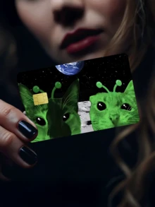 1pc Funny Alien Cat Credit Card Sticker, Cute Pet Couples Essential Party Birthday Gift, PVC Material Anti-Fingerprint Durable Scratch-Resistant, Suitable For Men, Women, Couples, Fits Small Chip Cards, Bank Cards, Credit Cards, Transportation Cards, Student ID Cards, Room Keys For Privacy Protection - Type a - View 2