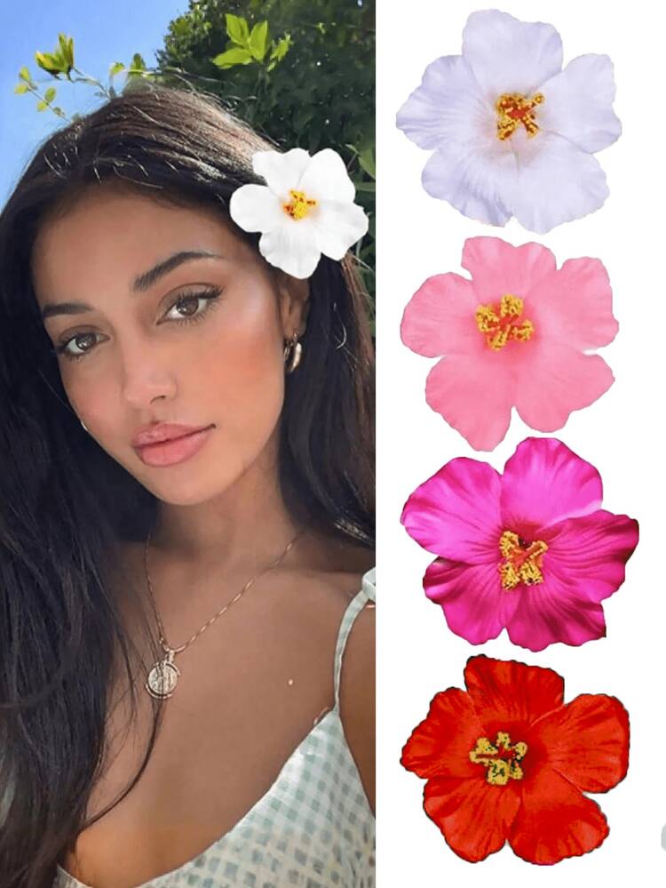 2/4Pcs Plumeria Flower Hair Clips, Artificial Hawaiian Tropical Flower Hair Claw Clips, Cute Floral Hair Pins For Women Girls, Perfect For Beach Party, Wedding, Summer Festival, Tropical Vacation & Daily Wear - Multicolor - View 3