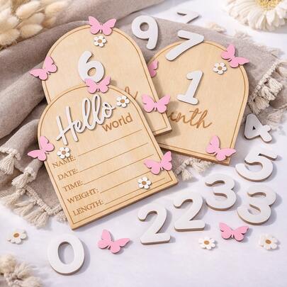 蝴蝶图案“你好，世界”新生儿欢迎板，3D木质每月里程碑卡片，蝴蝶新生儿出生公告板，适用于婴儿派对和新生儿摄影道具
