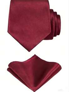 1 Set Men's Solid Color Necktie & Pocket Square Set, Satin Tie & Handkerchief Business Suit Accessories,Festival,Graduation Gift - Wine Red - View 2