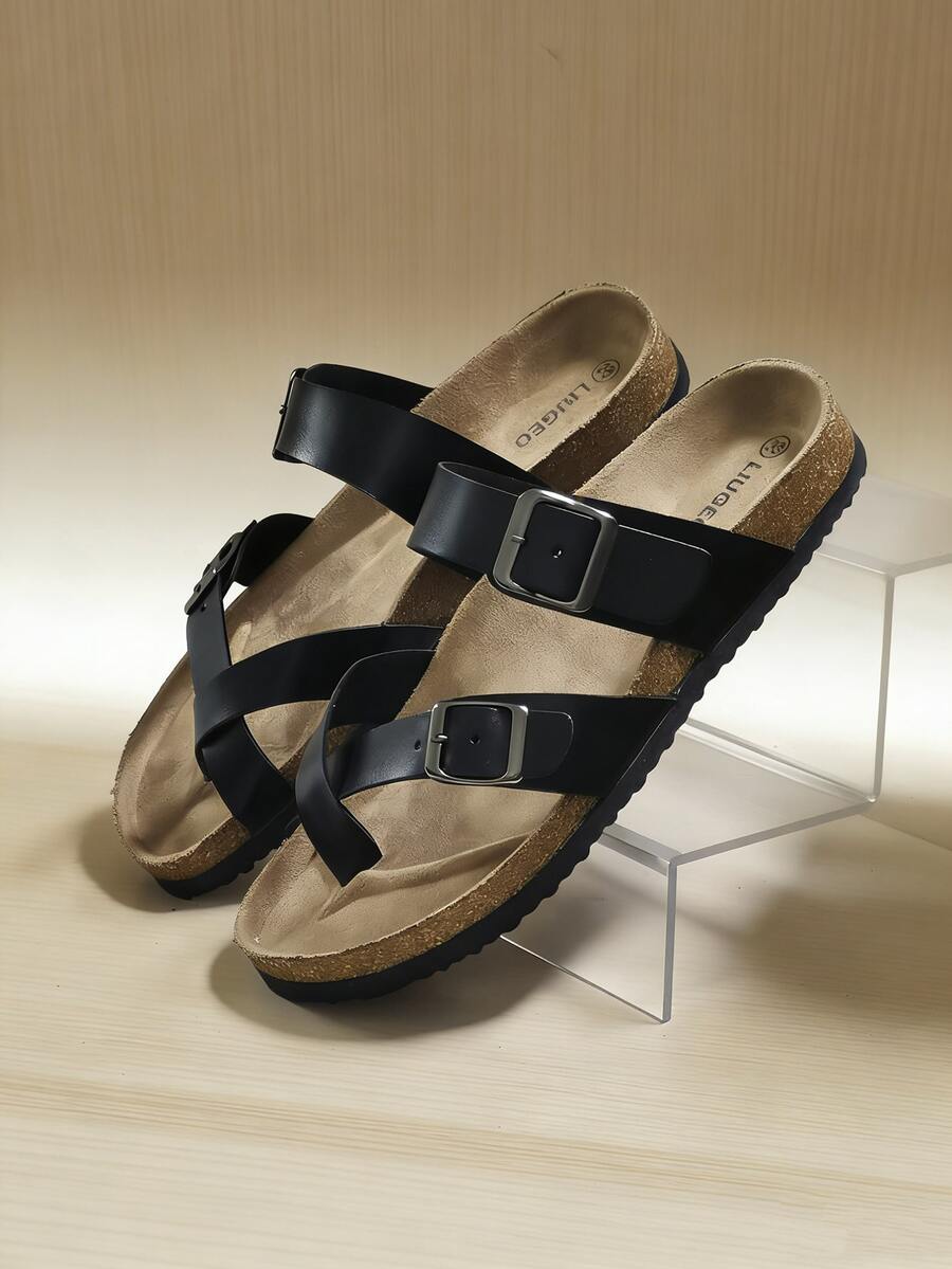 2026新款交叉趾软木拖鞋，男女通用沙滩凉鞋 - 黑色 - 查看 1