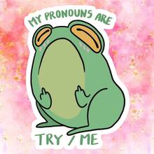 Frog Flipping The Bird, "MY PRONOUNS ARE TRY / ME" Attitude And Humor Funny Sticker - Waterproof Vinyl Sticker - Durable Matte Surface, Self-Adhesive Bumper Sticker, Suitable For Cars, Windows, Laptops, Trucks, Water Bottles - Multi-Purpose Durable Design, Car Sticker - Vinyl - View 2