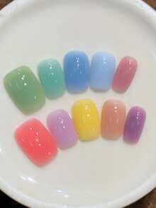 10pcs Handmade Short Square Nail Stickers, Colors Include Pink, Green, Blue, Purple And Yellow, Suitable For Women And Girls, Applicable For Spring, Summer, Autumn, Winter, Holidays And Daily Life Nails Handmade Press On Nails - Multicolor - View 1