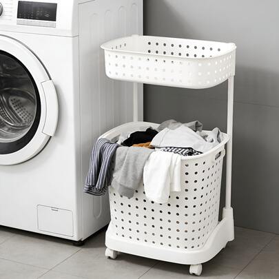 1 pezzo Cesto portabiancheria a doppio strato con ruote, cesto portabiancheria staccabile con maniglie, carrello portabiancheria verticale adatto per bagni, lavanderie e camere da letto, in grado di contenere vestiti, asciugamani e accessori, ideale per famiglie, dormitori e appartamenti
