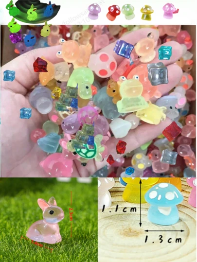 24/32/50/100pcs Glow-In-The-Dark Figurine Decor, Mixed Luminous Mini Ornaments, Glowing Resin Miniature Doll Set, Summer/School Theme