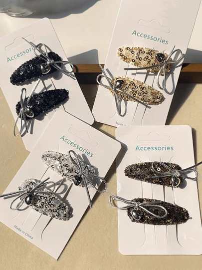 2 chiếc kẹp tóc hình giọt nước đính sequin lấp lánh kiểu Hàn Quốc, kẹp tóc hình nơ và trái tim cho tóc mái và tóc bên, phụ kiện tóc dễ thương và ngọt ngào.