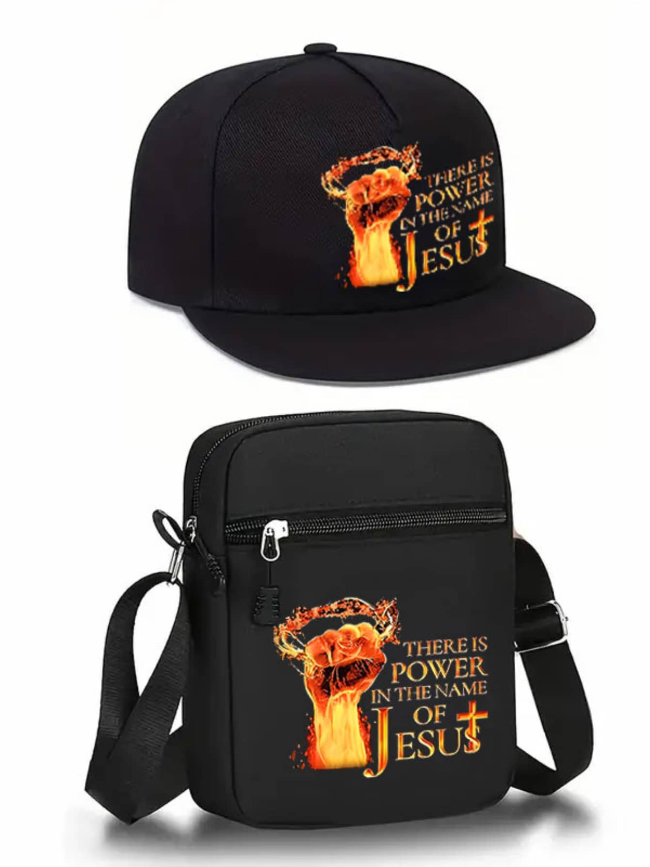 1pc/2pcs Jesus Power Print Unisex Baseball Cap And Crossbody Bag Set, Street Fashion Outdoor Sports Flat Brim Cap And Shoulder Bag, Adjustable, Gift For Yourself Or Friends