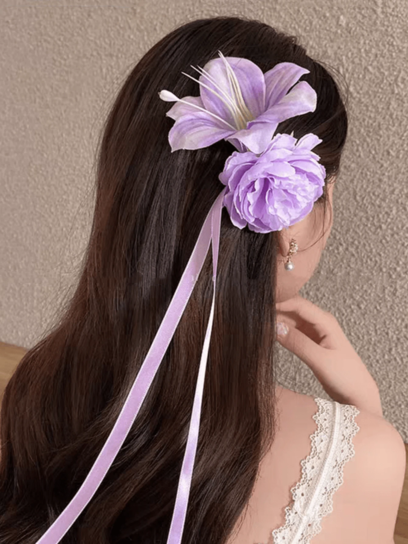 Gentle & Elegant Purple Flower Hair Clip With Ribbon Bow, Sweet Duck Clip Side Hairpin, Atmospheric Hair Accessory For Women