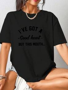 Women's Printed Casual Slim-Fit Cotton Short-Sleeved T-Shirt. The Shirt Features A Beautiful Print Of "I've Got A Good Heart But A Liars' Mouth," Is Soft And Comfortable, And Is A Versatile Top Suitable For Everyday Wear. - Black - View 1