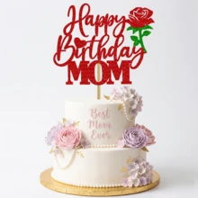 1 chiếc phụ kiện trang trí bánh sinh nhật lấp lánh màu đỏ "Chúc mừng sinh nhật mẹ" với hoa hồng, đồ trang trí tiệc sinh nhật sang trọng cho mẹ, trang trí bánh ngày của mẹ, quà tặng sinh nhật cho mẹ. - Hoa hồng HBMOM - Xem 2