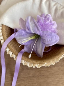 Gentle & Elegant Purple Flower Hair Clip With Ribbon Bow, Sweet Duck Clip Side Hairpin, Atmospheric Hair Accessory For Women - Mauve Purple - View 3