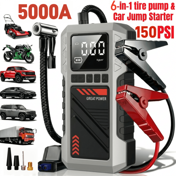 1个5000A便携式汽车应急启动器，带空气压缩机 - 12V电池增压器，LED灯，USB快速充电输出，多重保护，包含启动线、气泵和汽车适配器