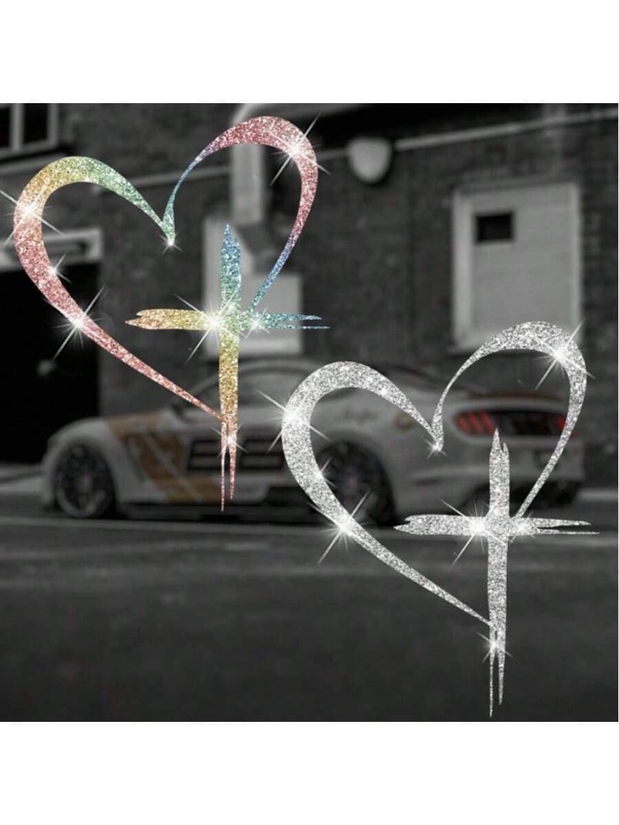 Shiny Heart-Shaped Cross Stickers - Suitable For Applying On Cars, Trucks, Walls, Laptops Etc. - Adhesive, Reusable And Sparkling - A - View 1