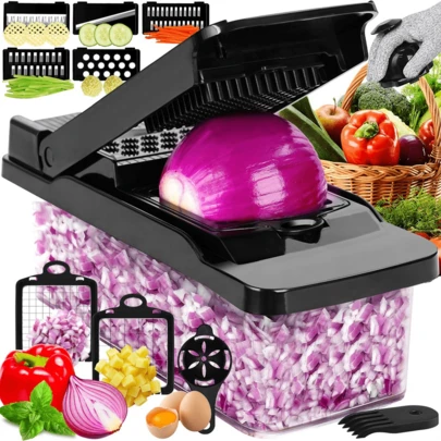 14-In-1 Multi-Functional Vegetable Chopper, Manual Food Slicer Shredder With Container & Safety Guard, Easy To Clean Kitchen Tool For Onion, Potato, Fruit Salad Cooking