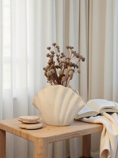 1个优质贝壳形花瓶，装饰花盆，波浪纹理边缘，独特的现代简约波西米亚北欧风格桌面摆件，适用于客厅、卧室、办公室