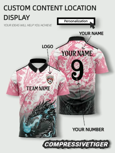 Polo personnalisé du football de Madrid - Nom et numéro personnalisés, maillot de football à col polo avec motif dragon, tissu doux absorbant l'humidité et respirant, Coupe du monde 2026, Uniforme d'entraînement sportif personnalisé pour hommes