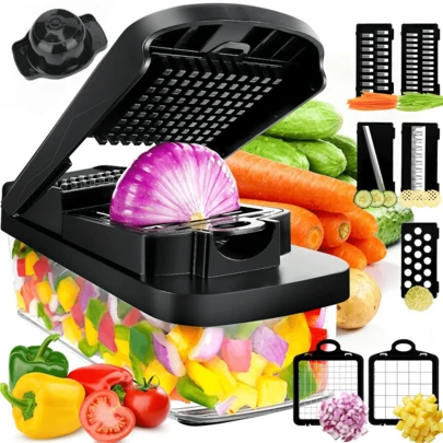 13-In-1 Multifunctional Vegetable Chopper, Time-Saving Manual Food Slicer Shredder With Built-In Drainage Basket, Safety Hand Guard And 7 Interchangeable Blades, Kitchen Cooking Assistant