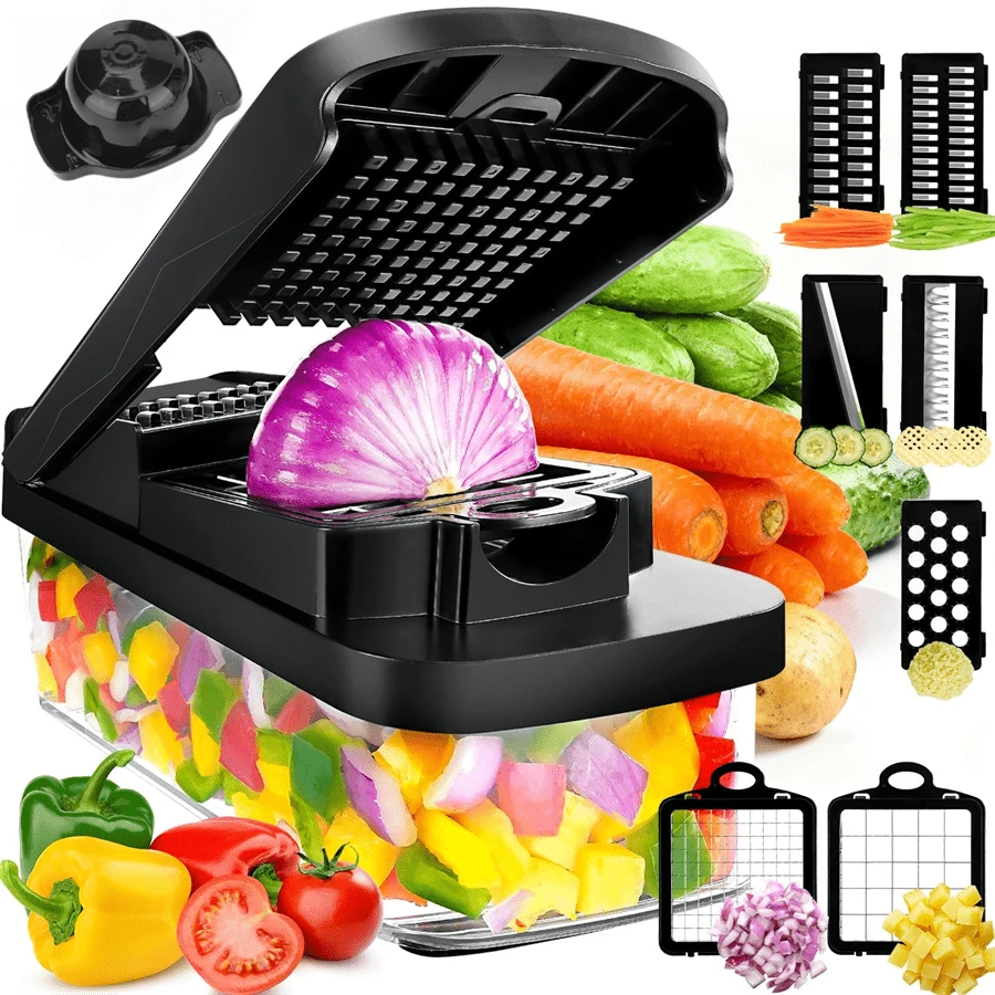 13-In-1 Multifunctional Vegetable Chopper, Time-Saving Manual Food Slicer Shredder With Built-In Drainage Basket, Safety Hand Guard And 7 Interchangeable Blades, Kitchen Cooking Assistant