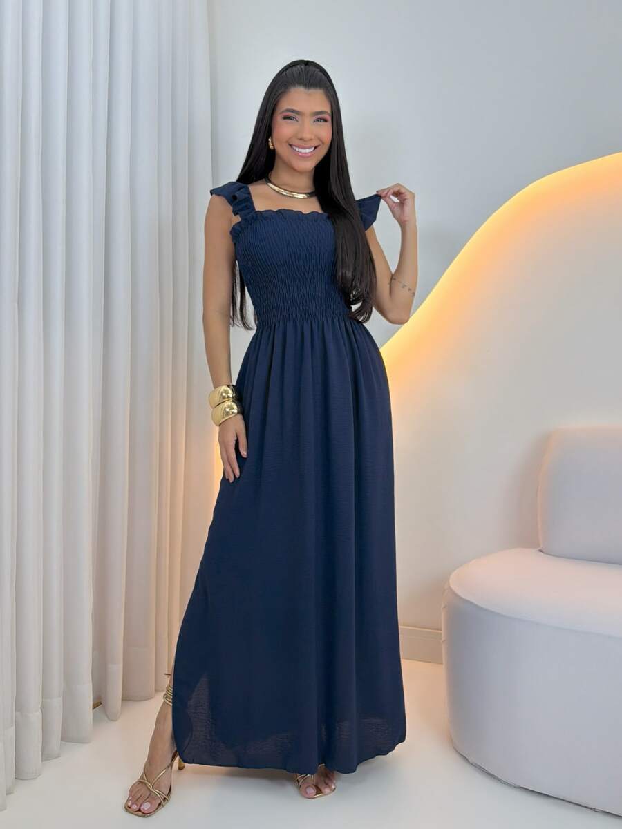 Women's Casual Long Dress With Elastic Straps And Slit - Inexpensive With Elastane - 藏蓝色 - 查看 1