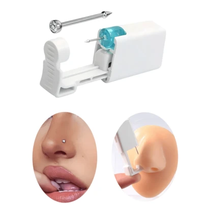 一套银色鼻钉套装，1支一次性鼻钉枪，白色鼻钉工具套装，适用于耳部、唇部、鼻部和肚脐穿孔